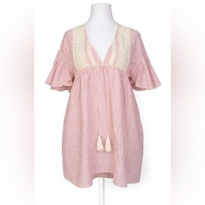 GIGIO Pink Stripe 100% Cotton Dress Lace Trim Boho Cottagecore Babydoll